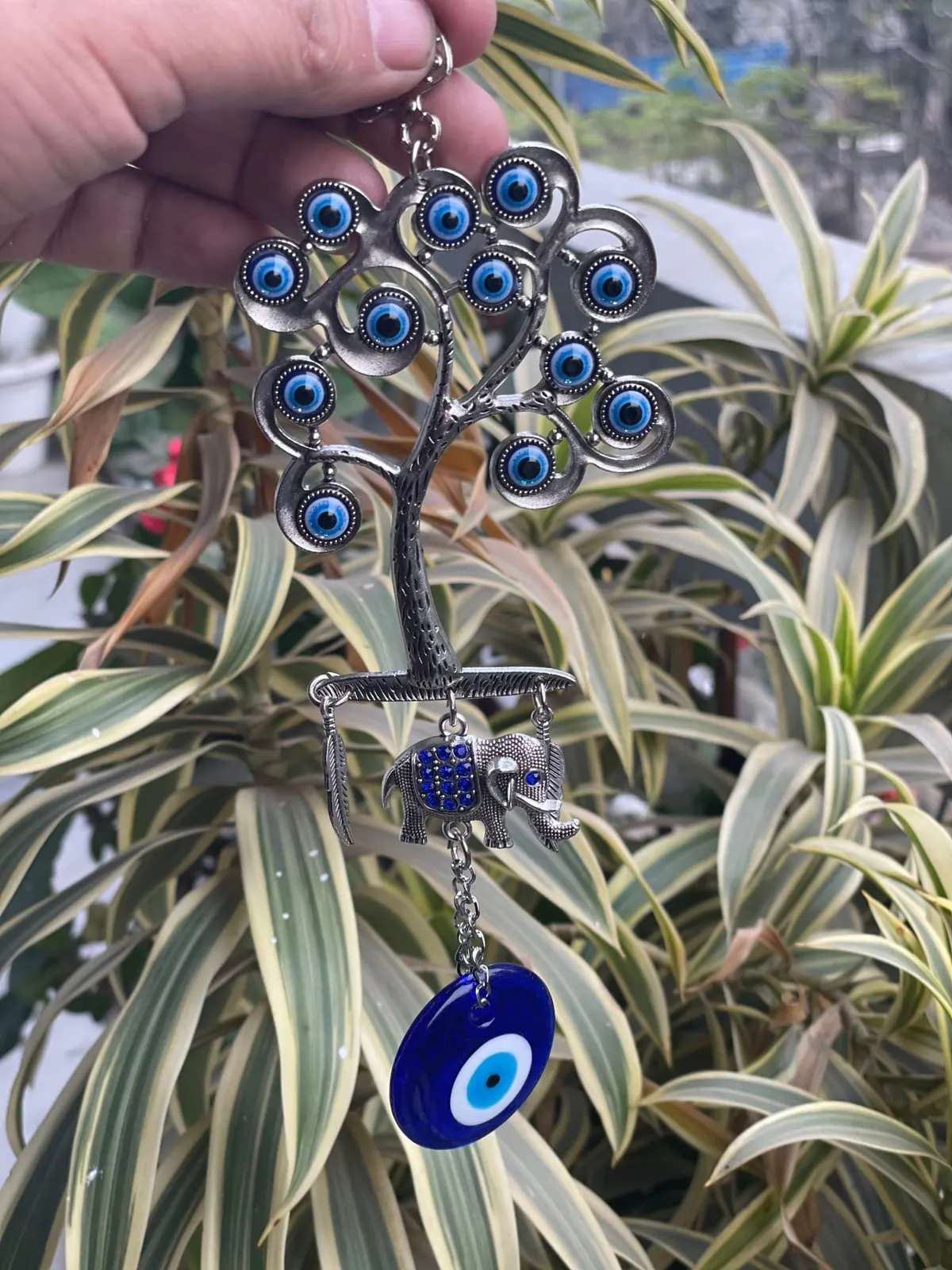 BLUE BEADS Home Decor Silver Evil Eye Wall Hanging Tree with Elephant Pendant Decoration, Door and Car Hanging Ornament Amulet for Car, Home and Office for Protection and Blessing