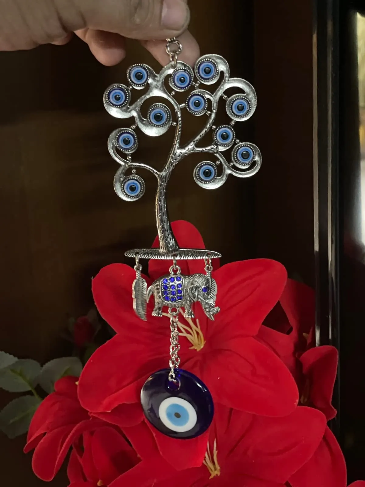 BLUE BEADS Home Decor Silver Evil Eye Wall Hanging Tree with Elephant Pendant Decoration, Door and Car Hanging Ornament Amulet for Car, Home and Office for Protection and Blessing