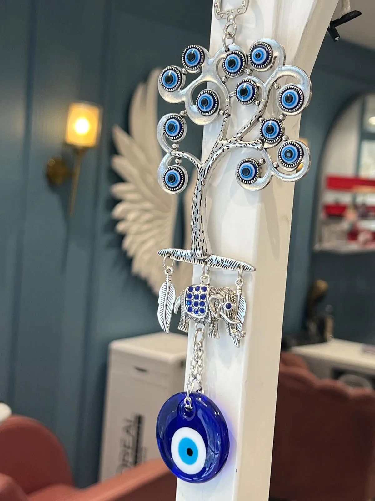BLUE BEADS Home Decor Silver Evil Eye Wall Hanging Tree with Elephant Pendant Decoration, Door and Car Hanging Ornament Amulet for Car, Home and Office for Protection and Blessing