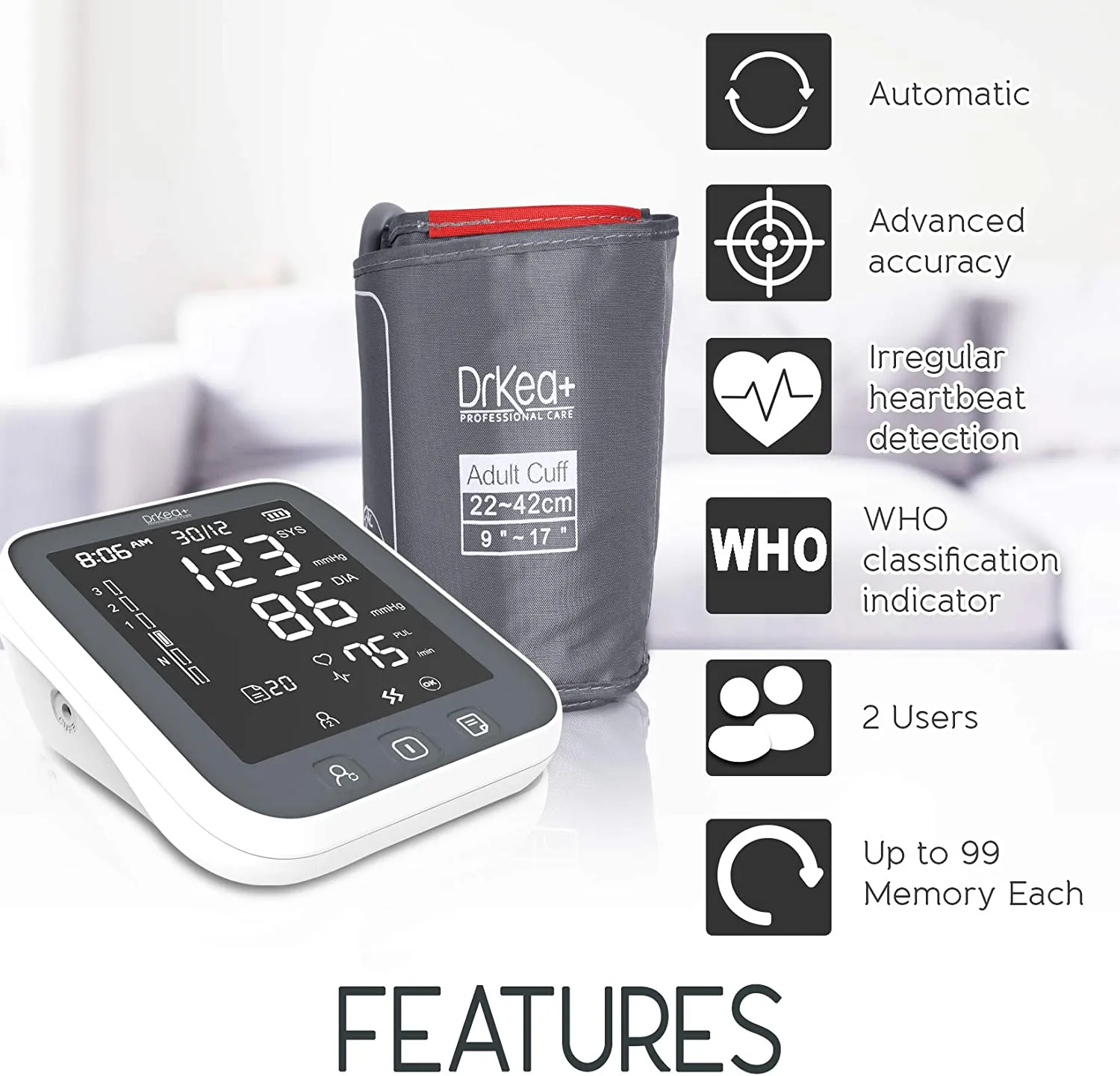 Brand new Blood Pressure Monitor Upper Arm Large Cuff - Automatic Blood Pressure Machine with Led Backlight - Accurate Bp Monitors Kit - 2 Users - 99 Memories with Batteries Included