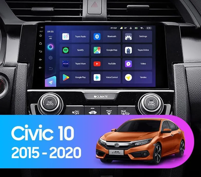 Car Dealz Elite 4G Data Model 10.2" Android 12.0 For Honda Civic 10 FC FK 2015 - 2020 In Dash Plus OEM Fascia