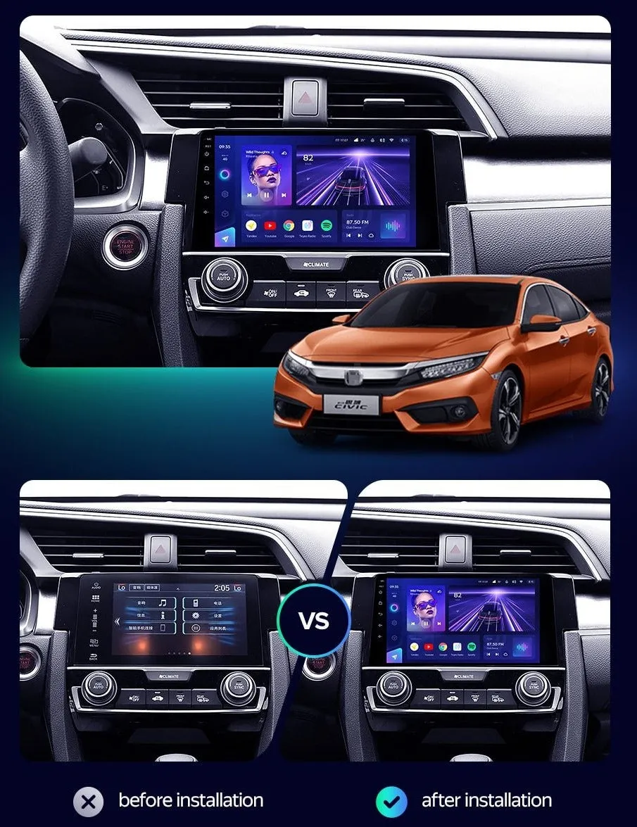Car Dealz Elite 4G Data Model 10.2" Android 12.0 For Honda Civic 10 FC FK 2015 - 2020 In Dash Plus OEM Fascia