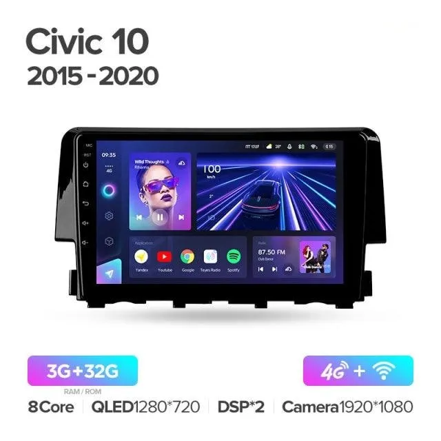 Car Dealz Elite 4G Data Model 10.2" Android 12.0 For Honda Civic 10 FC FK 2015 - 2020 In Dash Plus OEM Fascia