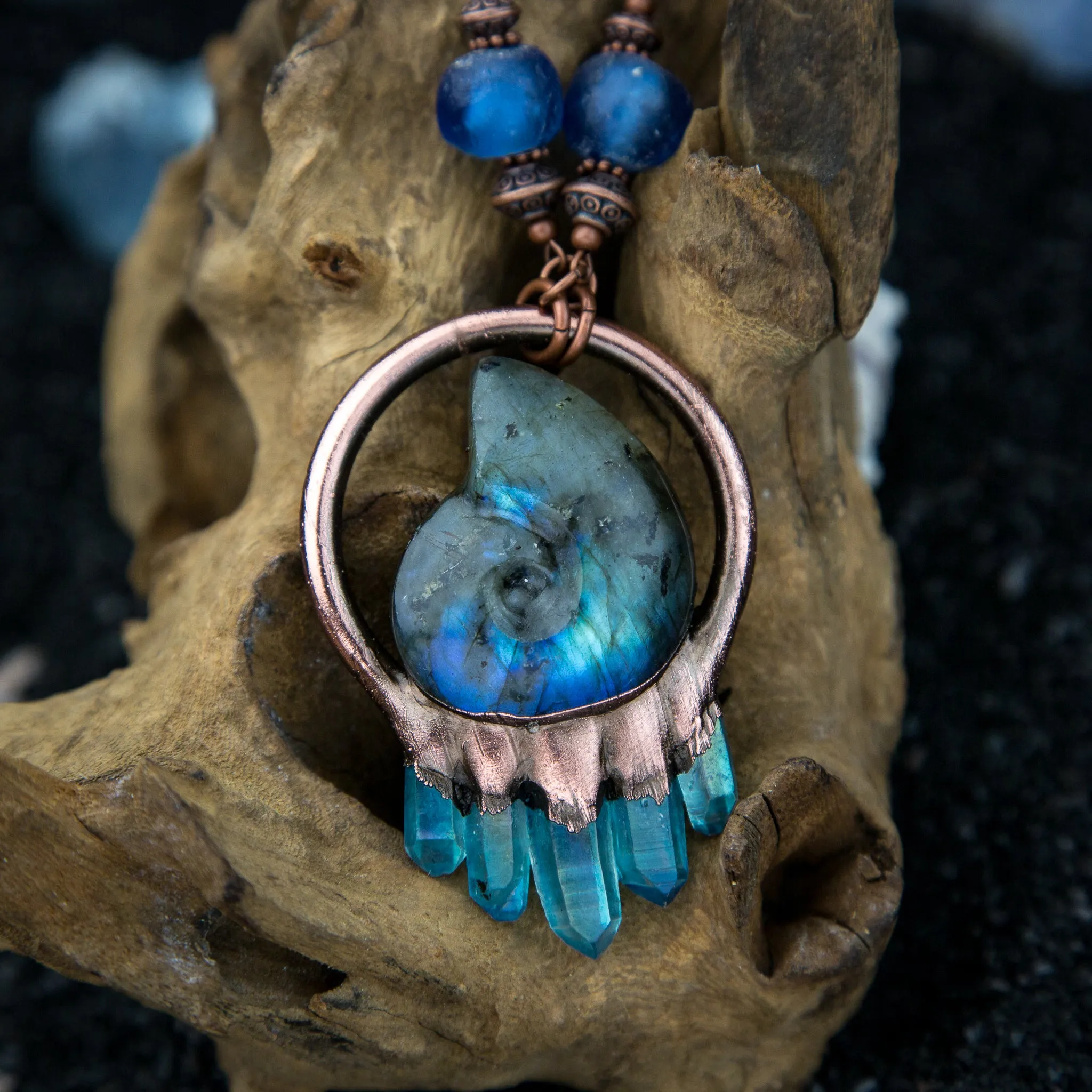 Carved Labradorite Shell with Aqua Aura Quartz
