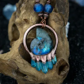 Carved Labradorite Shell with Aqua Aura Quartz