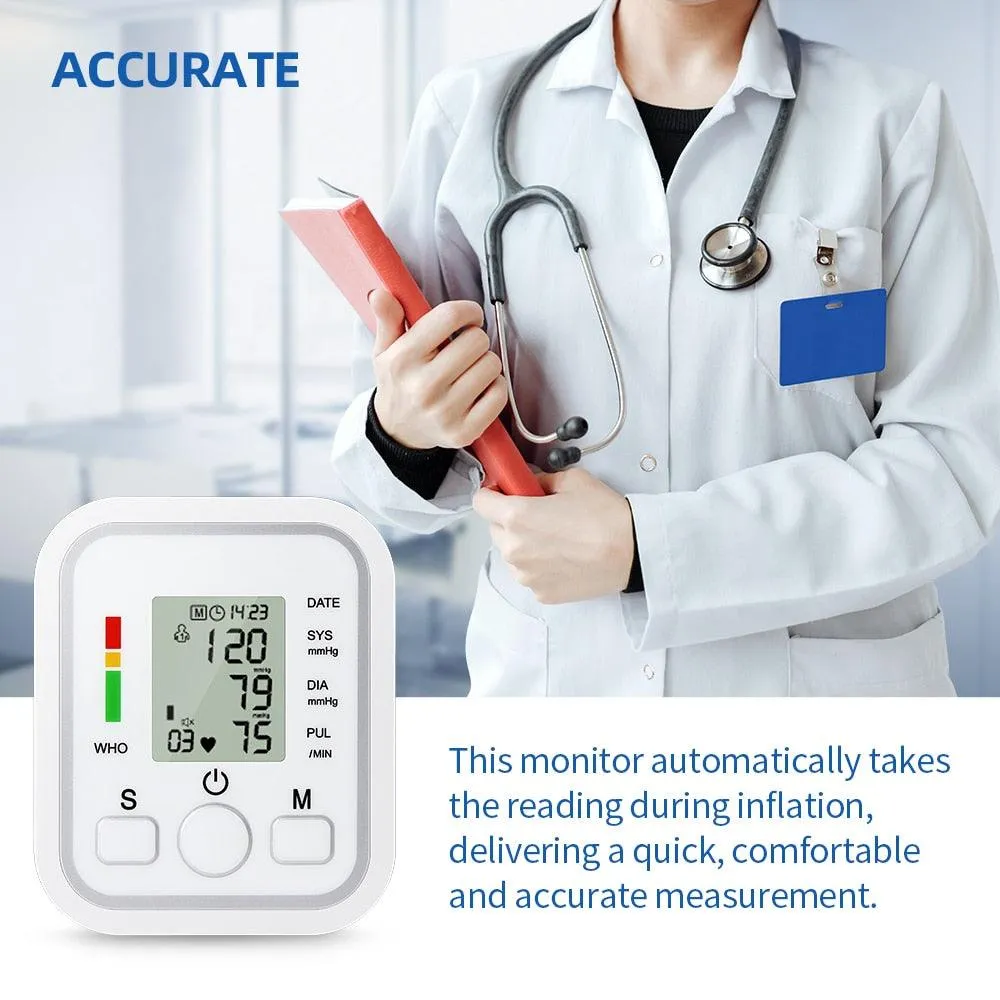 Digital BP Blood Pressure Monitor Pressure Tonomete Automatic Upper Arm Machine Pulse Rate Monitoring Meter for Home LCD Display