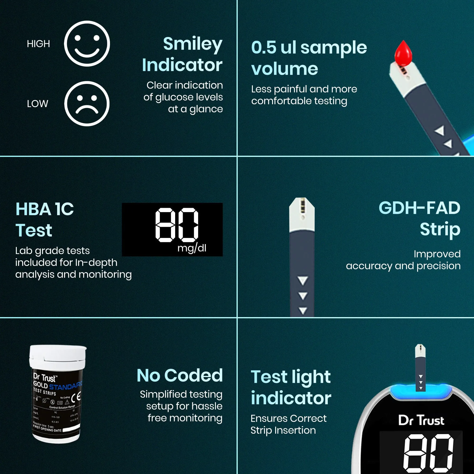 Dr Trust USA Gold Standard Glucosure Glucometer Blood Sugar Testing Meter 9001 with Lancing Device, 10 Strips & Lancets, Simple & Accurate Home Diabetes Testing Machine