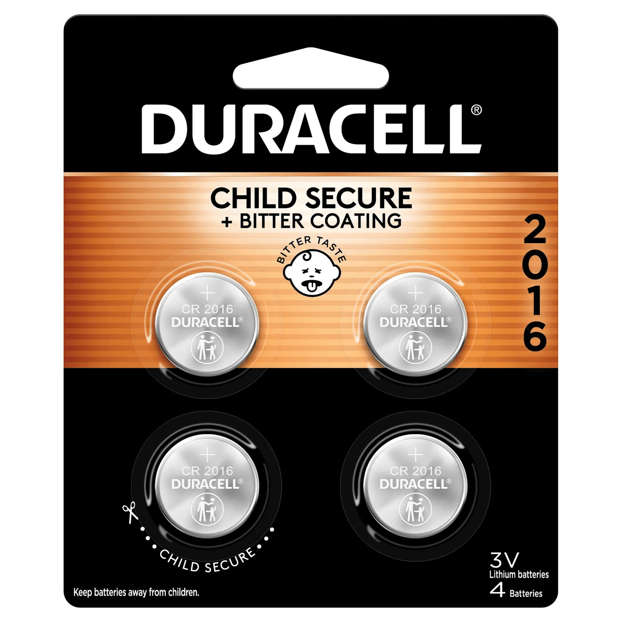 Duracell 2016 Lithium Coin Battery 3V, Bitter Coating Discourages Swallowing, 4 Pack