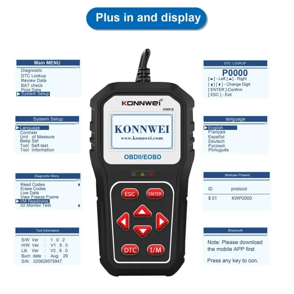 GT-KW818 - Konnwei Car Diagnostics Scanner OBD2 Petrol & Diesel