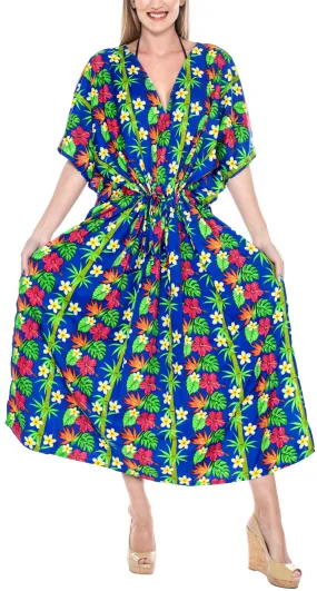 LA LEELA Lounge Caftan Likre Printed Beach Night Sleep Maternity Cover up Dress Casual Swimwear Kaftan Floral printed Blue