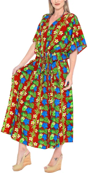 LA LEELA Lounge Caftan Likre Printed Beach Night Sleep Maternity Cover up Dress Casual Swimwear Red