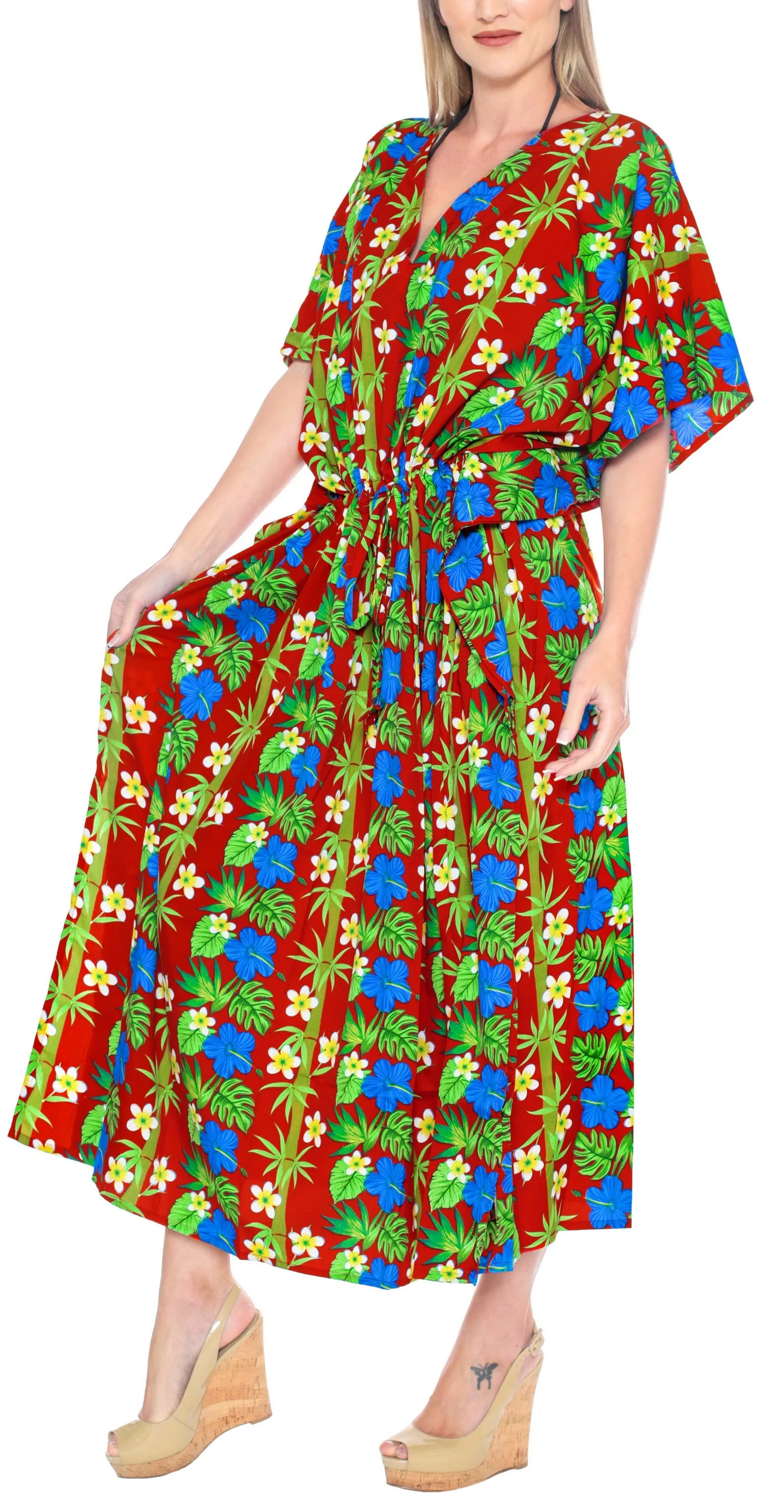 LA LEELA Lounge Caftan Likre Printed Beach Night Sleep Maternity Cover up Dress Casual Swimwear Red