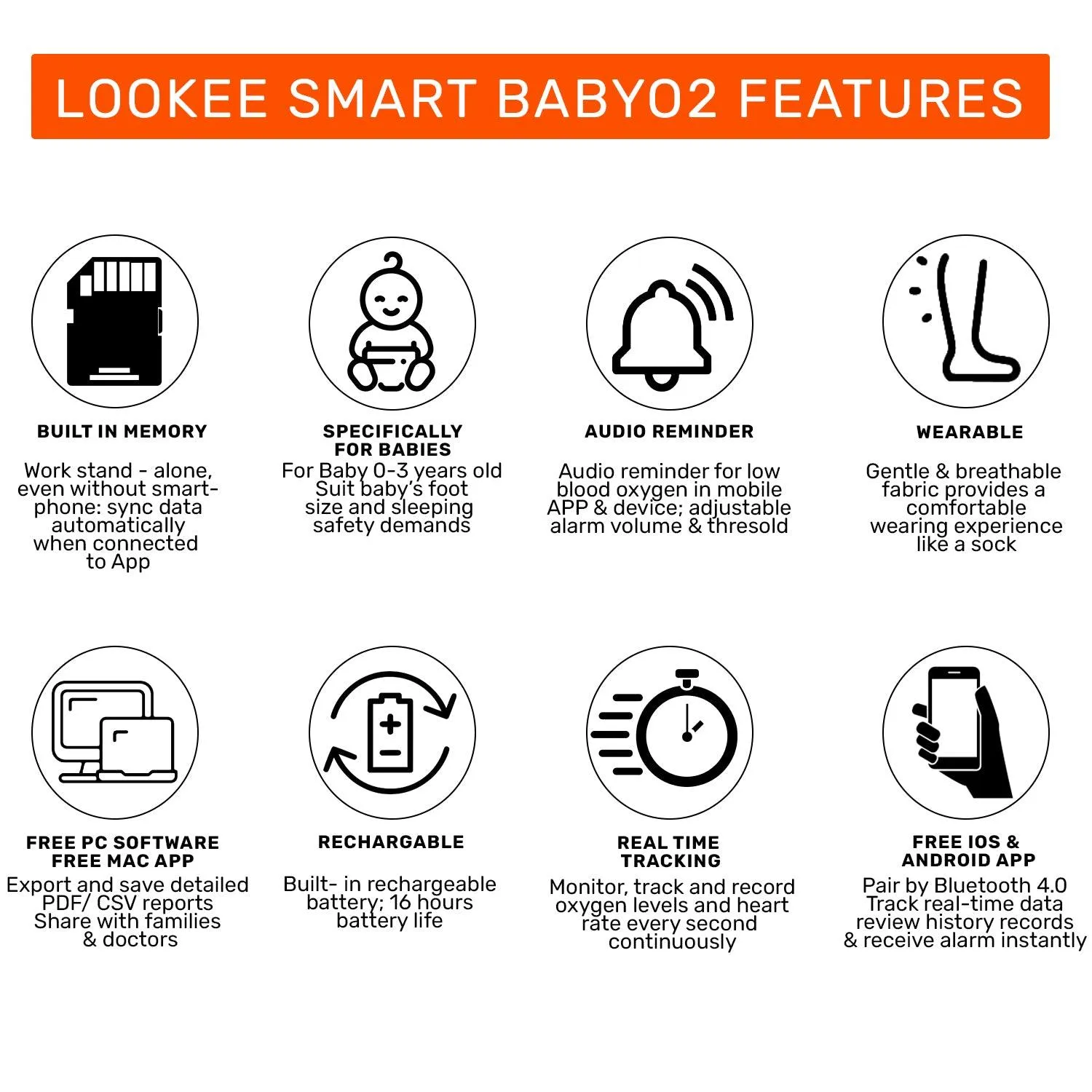 LOOKEE® BabyO2™ Baby Oxygen Monitor with Audio Alarm and App Notification | Track Oxygen Level, Heart Rate and Movement | Designed for 0-3 Years Old