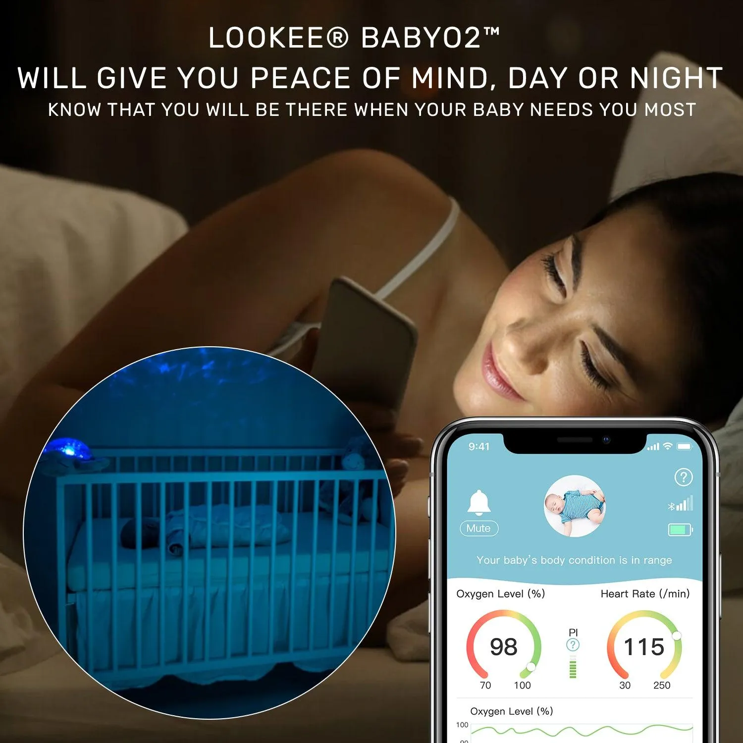 LOOKEE® BabyO2™ Baby Oxygen Monitor with Audio Alarm and App Notification | Track Oxygen Level, Heart Rate and Movement | Designed for 0-3 Years Old