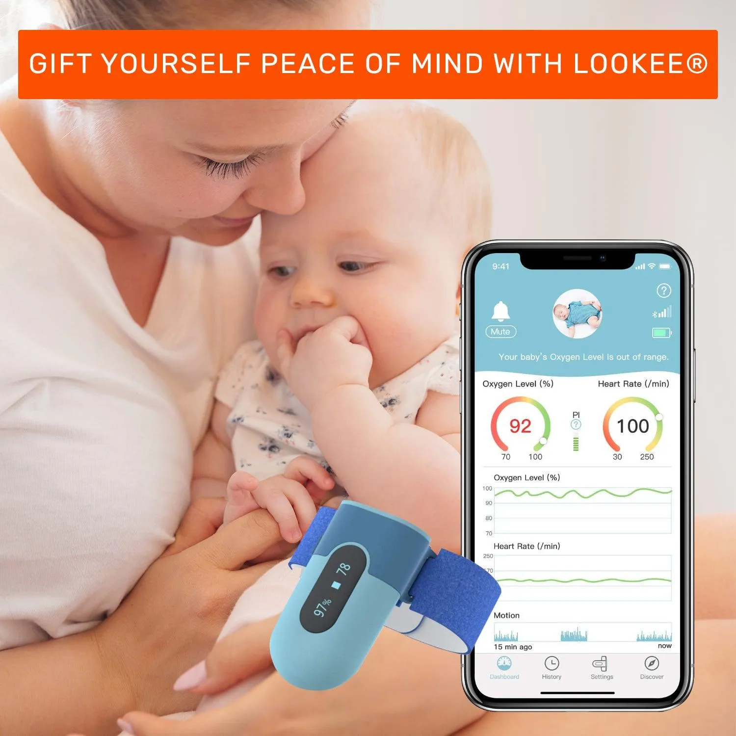 LOOKEE® BabyO2™ Baby Oxygen Monitor with Audio Alarm and App Notification | Track Oxygen Level, Heart Rate and Movement | Designed for 0-3 Years Old