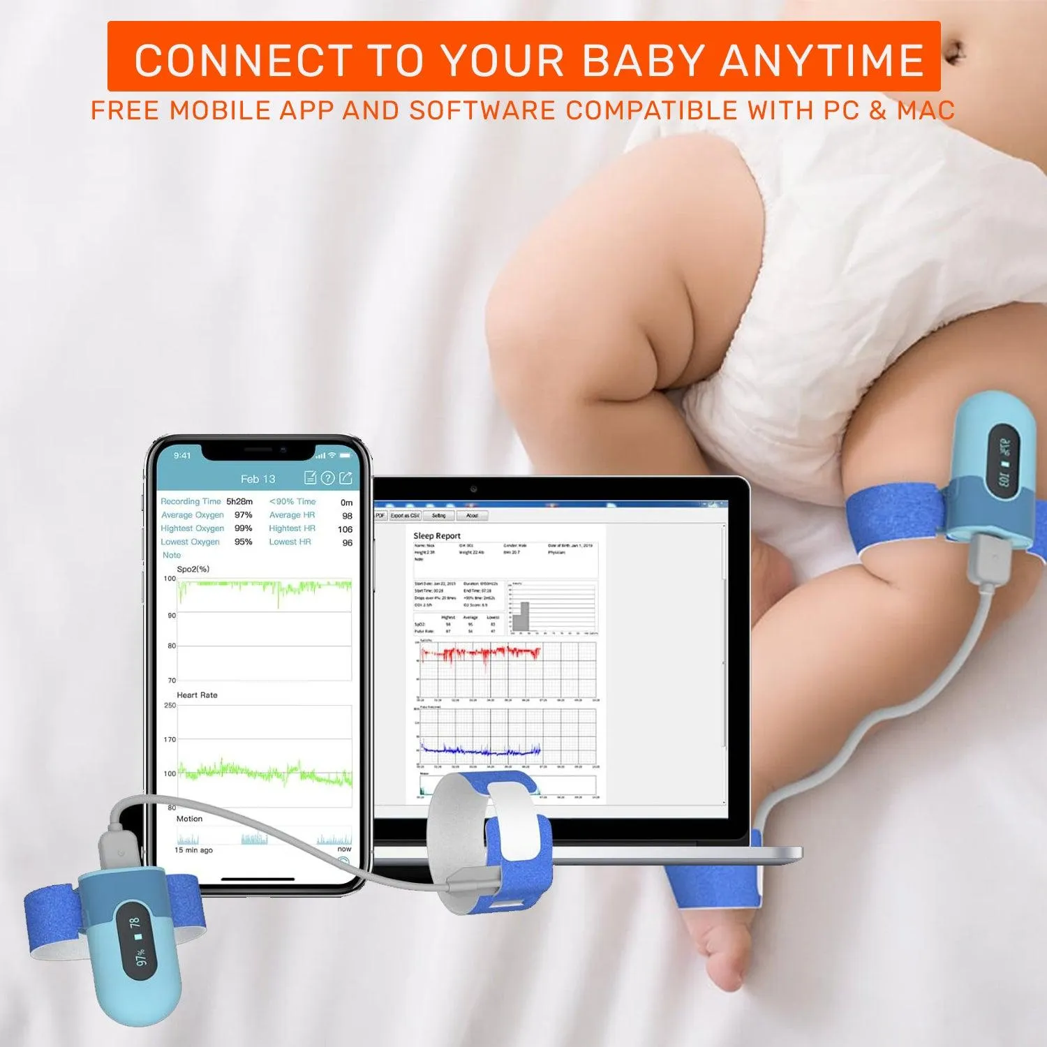 LOOKEE® BabyO2™ Baby Oxygen Monitor with Audio Alarm and App Notification | Track Oxygen Level, Heart Rate and Movement | Designed for 0-3 Years Old