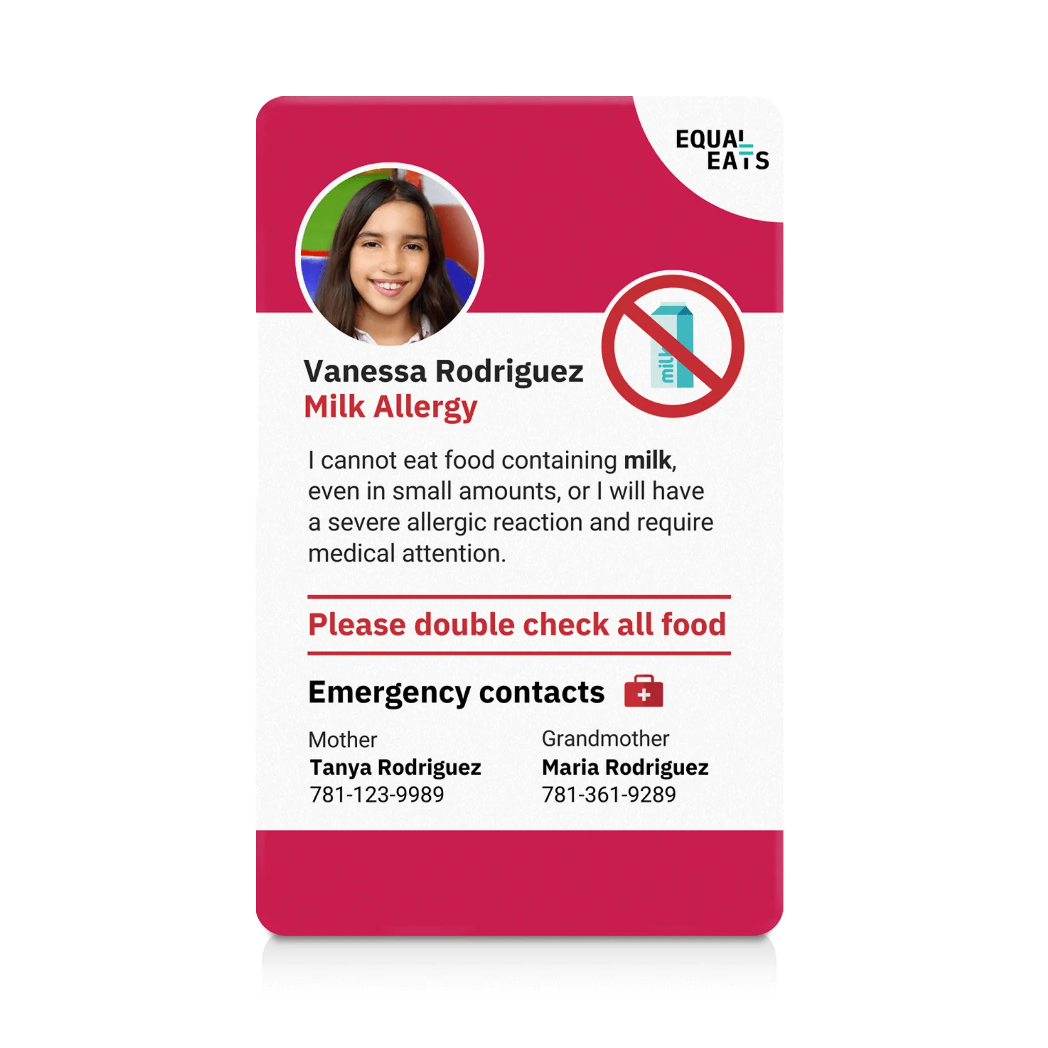 Milk Allergy ID Card