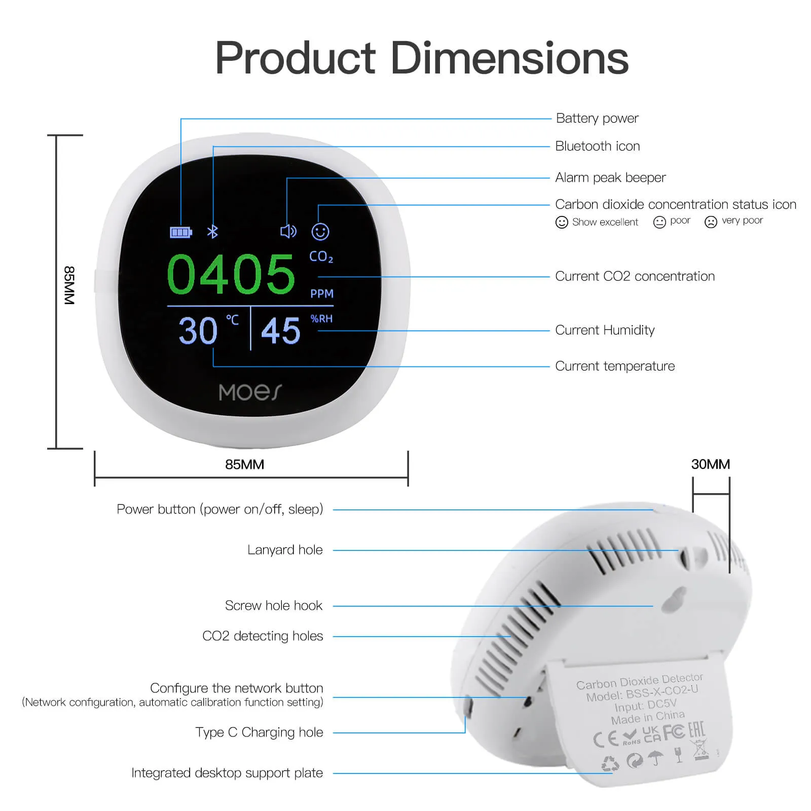 MOES Bluetooth Smart Carbon Dioxide Tester Portable CO2 Temp Humi Air Quality Monitor