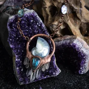 Nautilus Pendant with Labradorite and Quartz Crystals