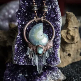 Nautilus Pendant with Labradorite and Quartz Crystals