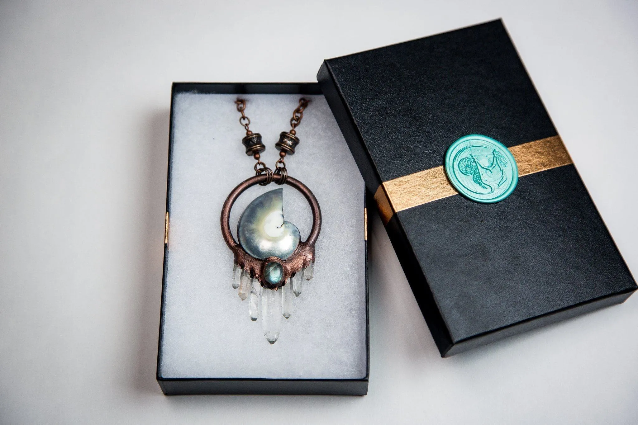 Nautilus Pendant with Labradorite and Quartz Crystals