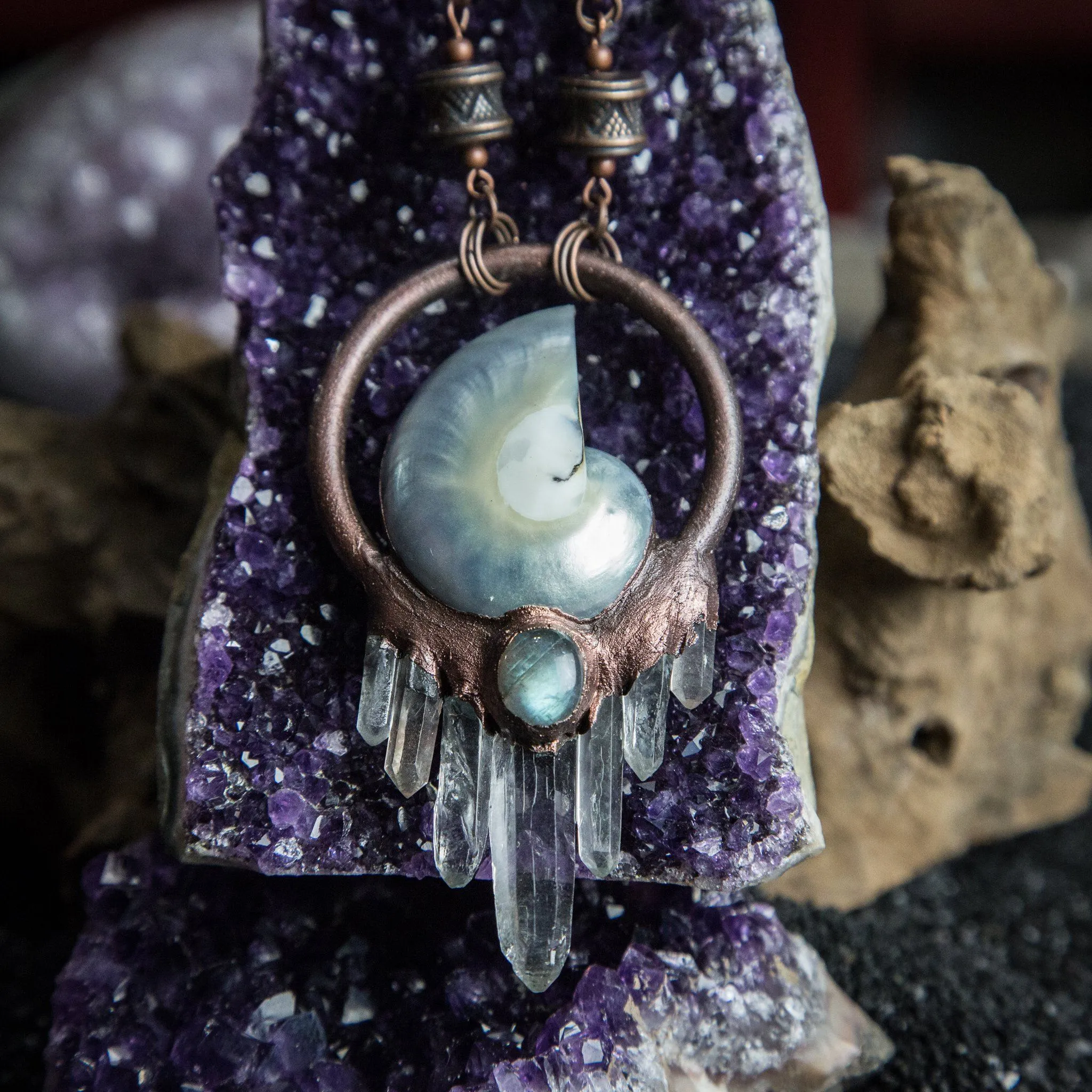Nautilus Pendant with Labradorite and Quartz Crystals