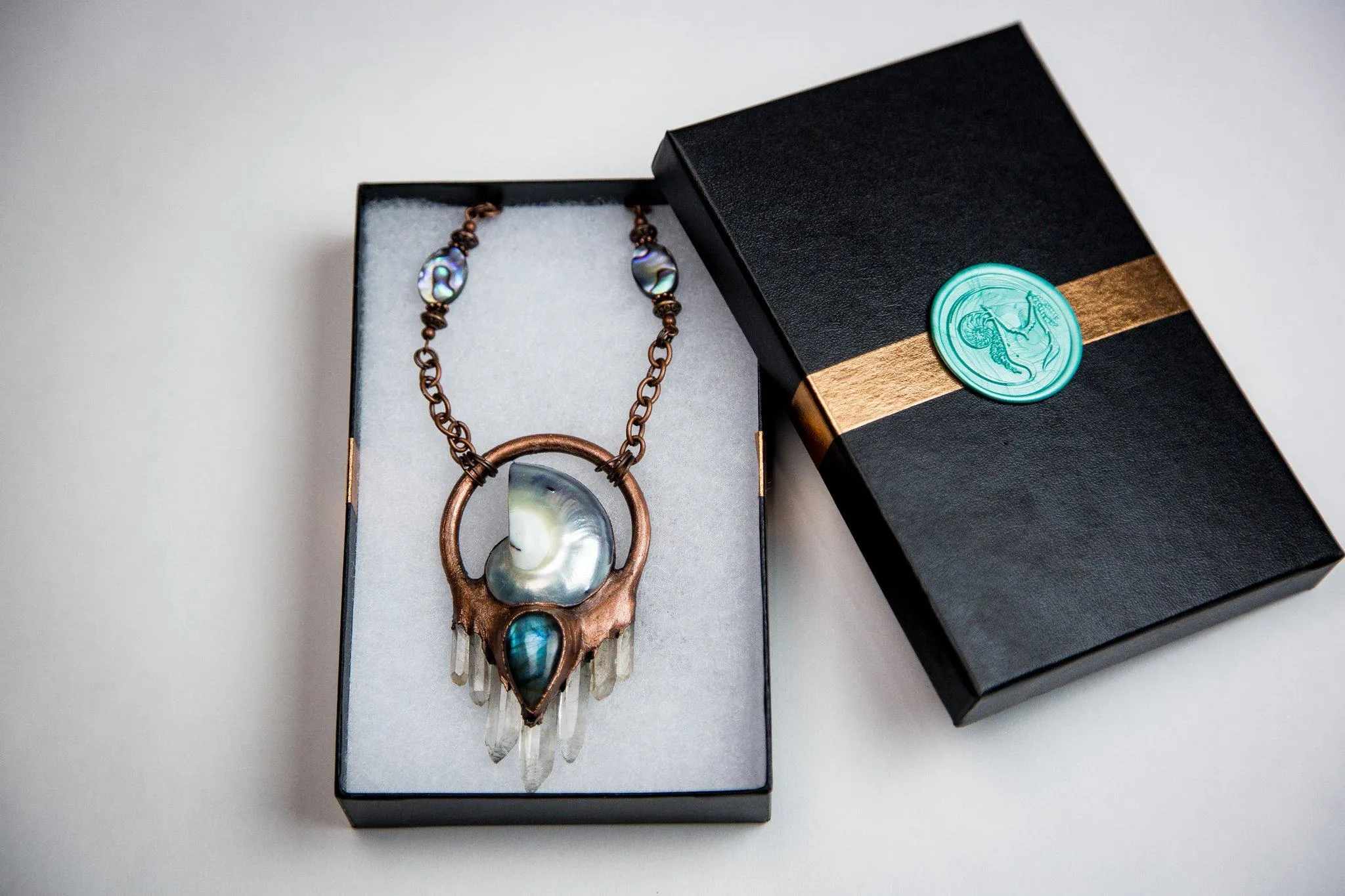 Nautilus Pendant with Labradorite and Quartz Crystals