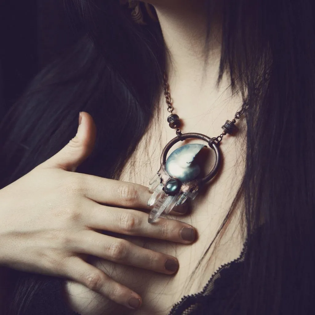 Nautilus Pendant with Labradorite and Quartz Crystals