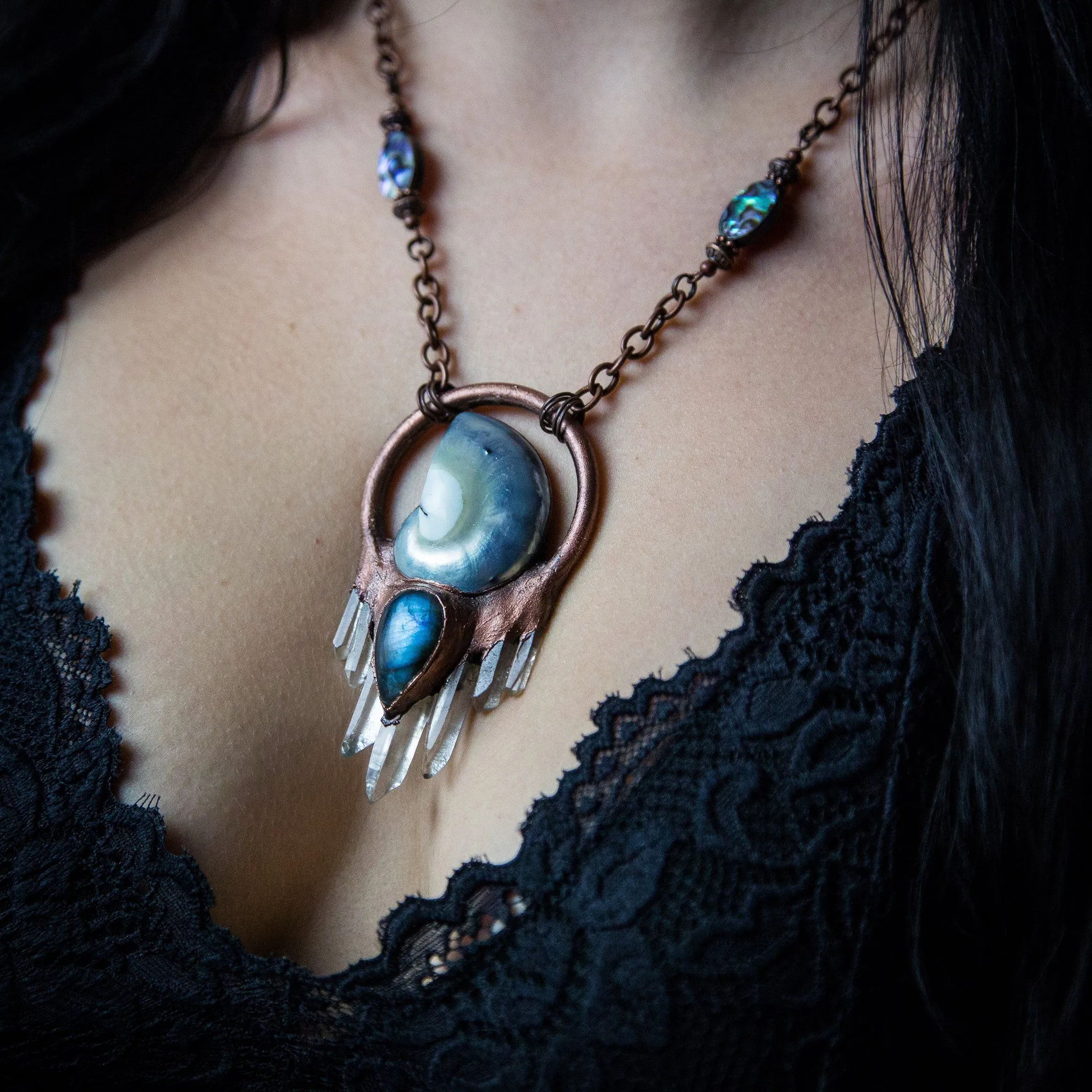 Nautilus Pendant with Labradorite and Quartz Crystals