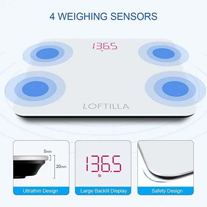 New in box! Loftilla Bathroom Smart Scale for Body Weight BMI Scale in White! 400 Lb Weight Capacity!