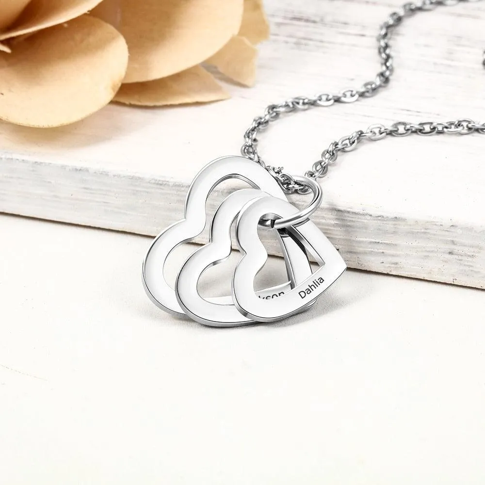 Personalized Stainless Steel Triple Heart 3 Names Engraved Necklace, Fashion Jewelry Gift for Women
