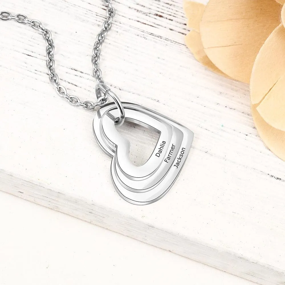 Personalized Stainless Steel Triple Heart 3 Names Engraved Necklace, Fashion Jewelry Gift for Women