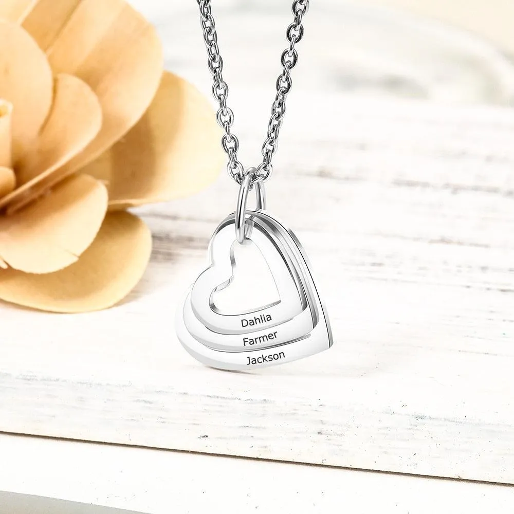 Personalized Stainless Steel Triple Heart 3 Names Engraved Necklace, Fashion Jewelry Gift for Women