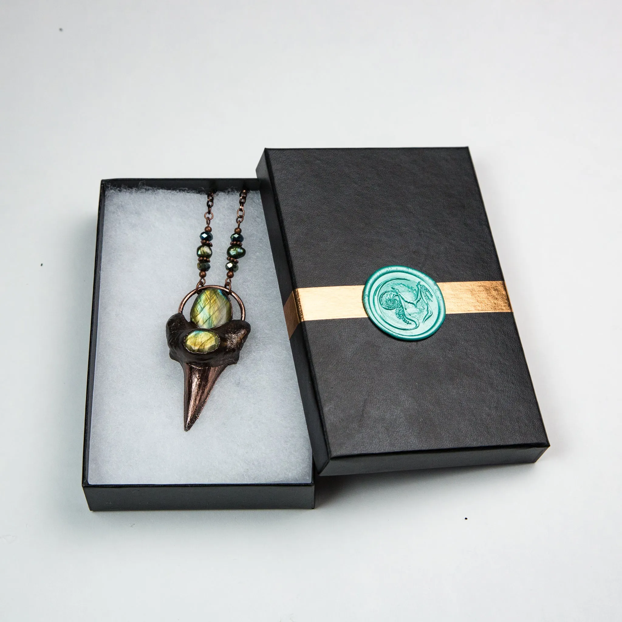 Shark Tooth Pendant with Two Labradorite Cabochons