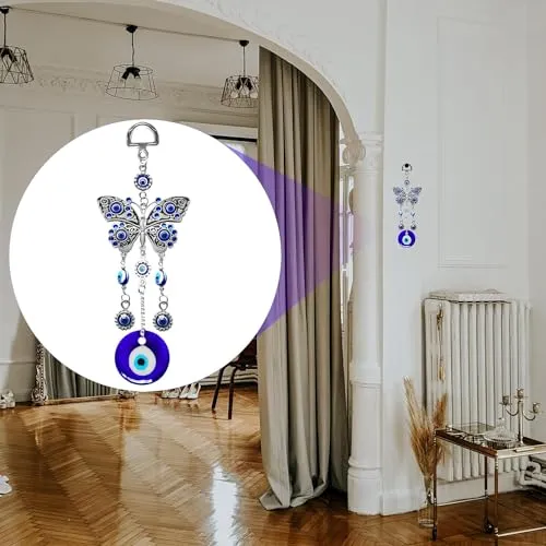 Shivani Enterprises Metal Butterfly Blue Evil Eye Wall Hanging for Home Entrance Door Car Office Feng Shui Nazar Battu Pendant Ornament Good Luck Charm and Prosperity Decoration Gift Items (25.4 Cm)