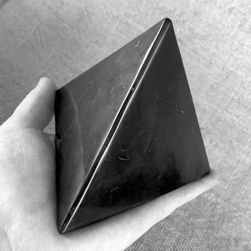 Shungite Tetrahedron, 100mm, on Triangular Selenite Slab - Rare Beauty