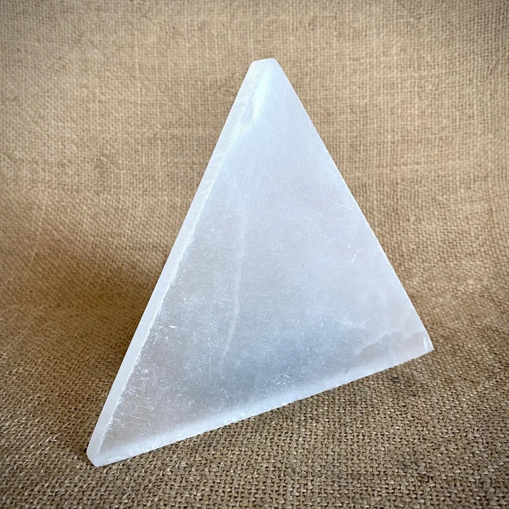 Shungite Tetrahedron, 100mm, on Triangular Selenite Slab - Rare Beauty