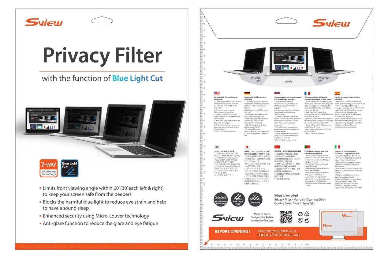 SVIEW SPFAG2-21W 抗藍光螢幕防窺片 (452.8x283.2mm) S-view Privacy Screen Filter with Blue light cut for 21" Monitors (16 : 10)