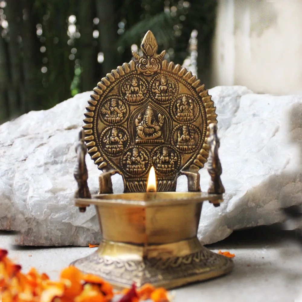 Traditional Ashtalakshmi Vilakku - Divine Brass Oil Lamp With Peacocks. Ht 19 cm x W 12 cm x L 15 cm