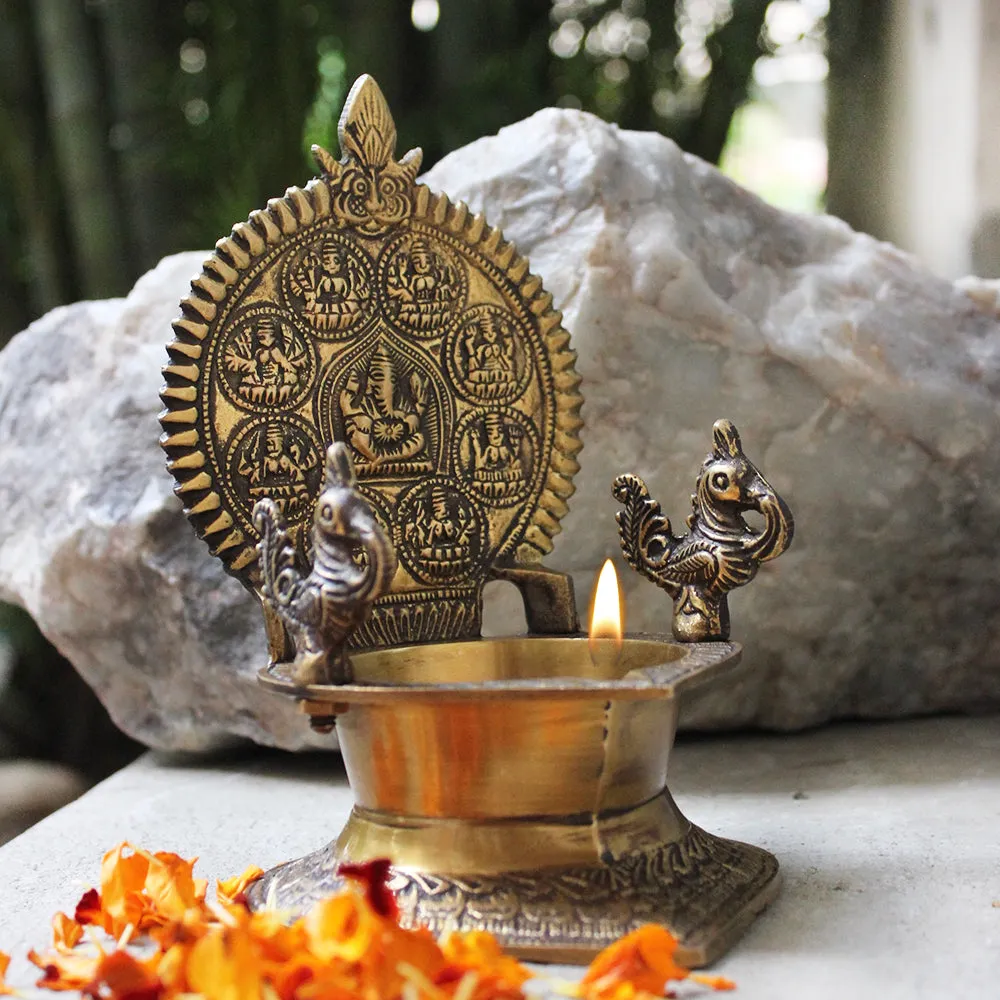 Traditional Ashtalakshmi Vilakku - Divine Brass Oil Lamp With Peacocks. Ht 19 cm x W 12 cm x L 15 cm