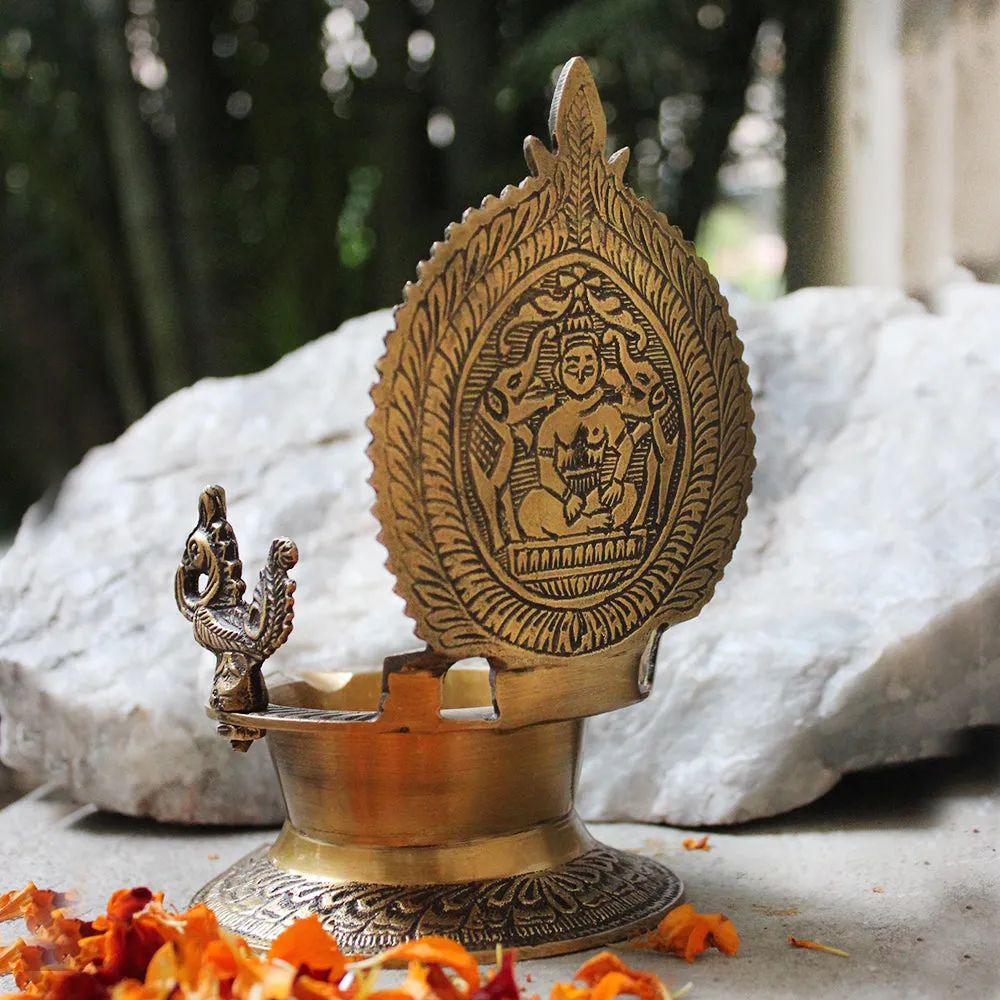 Traditional Ashtalakshmi Vilakku - Divine Brass Oil Lamp With Peacocks. Ht 19 cm x W 12 cm x L 15 cm