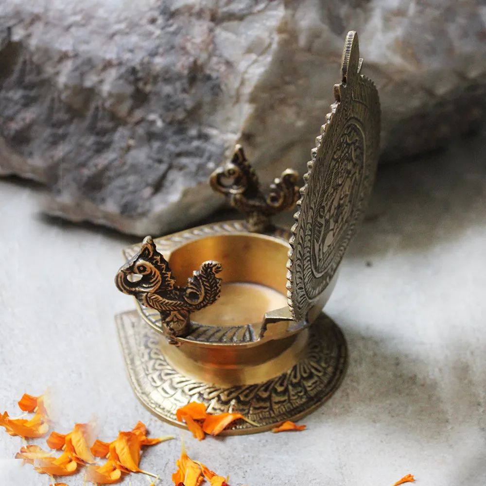 Traditional Ashtalakshmi Vilakku - Divine Brass Oil Lamp With Peacocks. Ht 19 cm x W 12 cm x L 15 cm