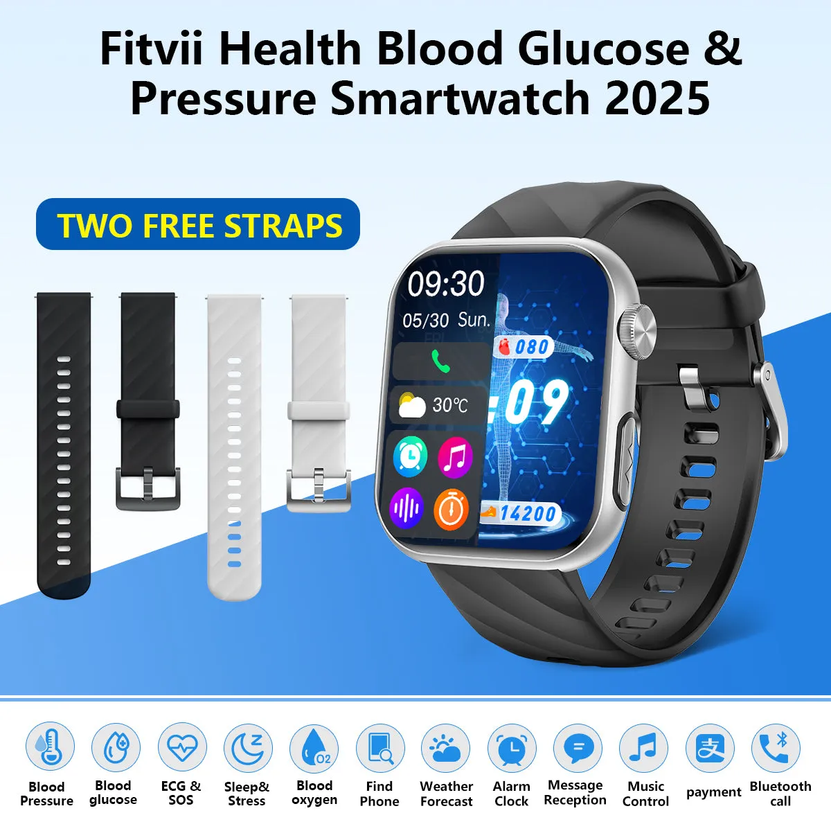Upgrade Fitvii® GT5 Pro Max Blood Glucose Watch With BP HRV ECG(EKG) PGG SpO2 SOS Stress Sleep Monitoring Supports Voice Calls And Fitness Tracker   Free Straps Gift🎁