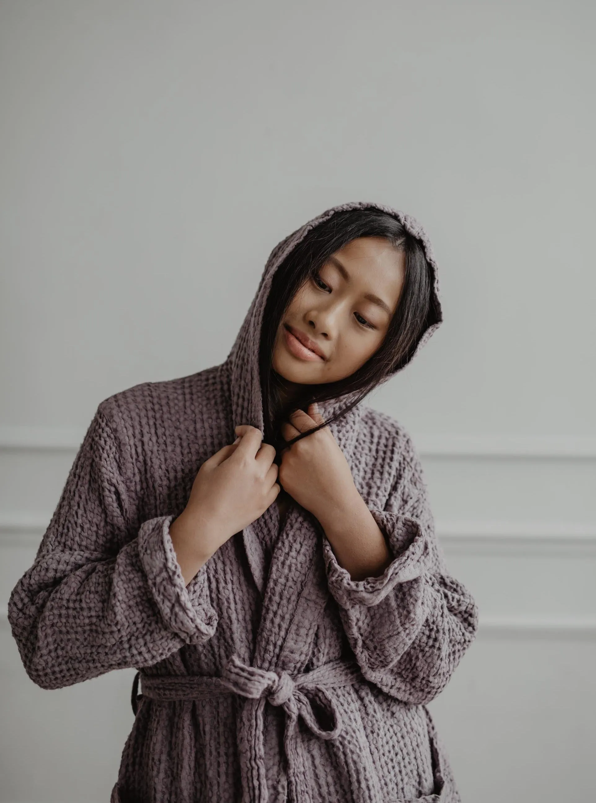 Waffle Linen Bathrobe Snuggle - Dusty Lavender