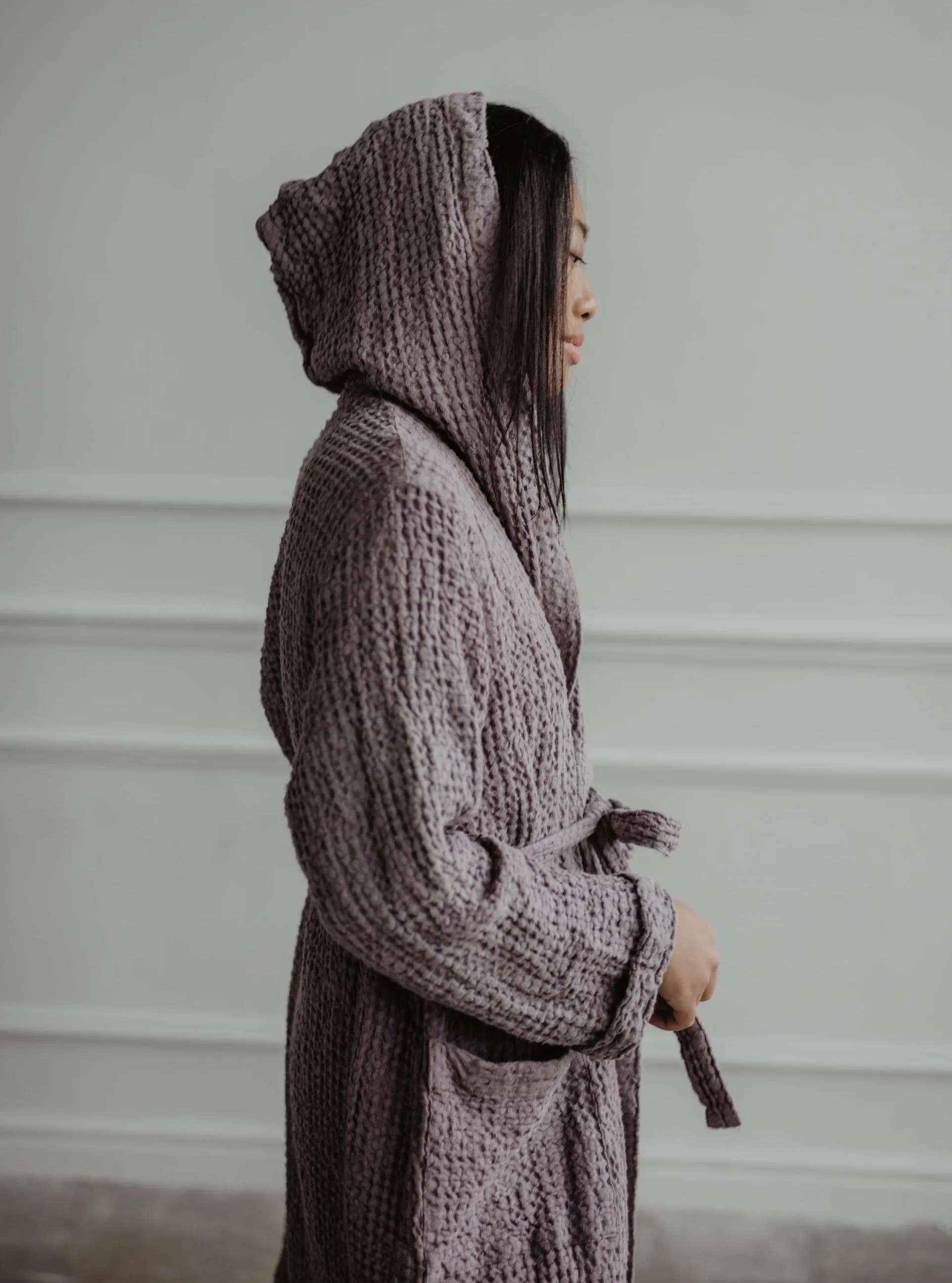 Waffle Linen Bathrobe Snuggle - Dusty Lavender